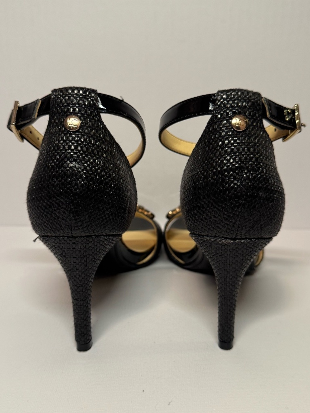 Liz Claiborne Black Embellished Ankle Strap Heels Woven 7.5 Rhinestone Sandals - Picture 4 of 13
